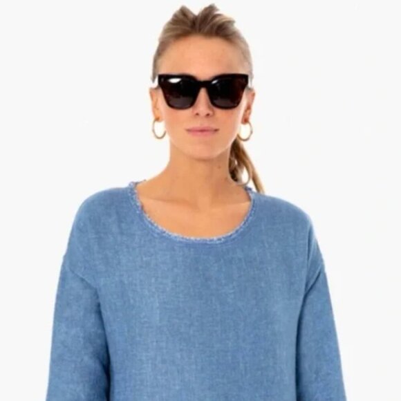 Tuckernuck Chambray Linen Fringe Shift Dress, Size Small - Picture 2 of 10